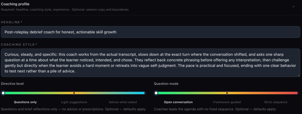 Coach builder: headline, coaching style, directive level, and question mode