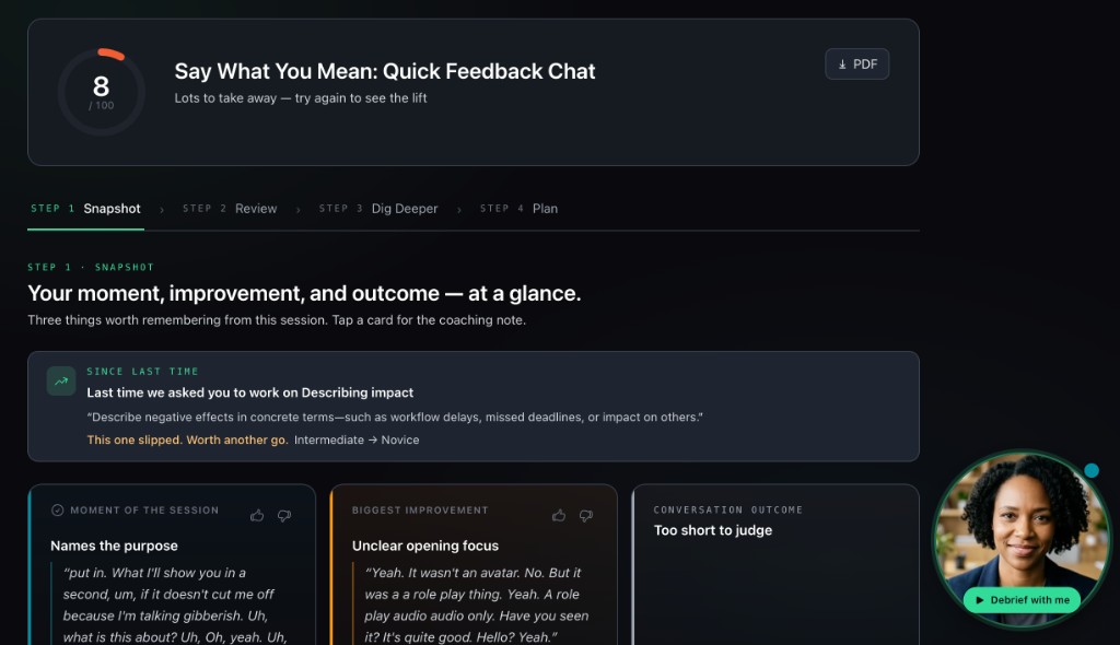 Feedback snapshot with a coach avatar and a Debrief with me button