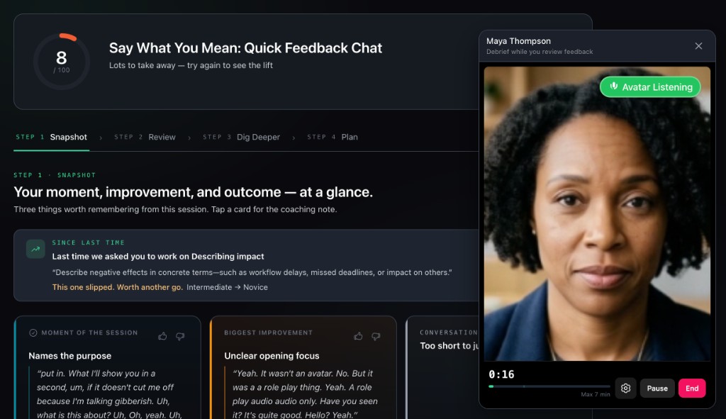 Live coach debrief overlaid on roleplay feedback, with the avatar listening
