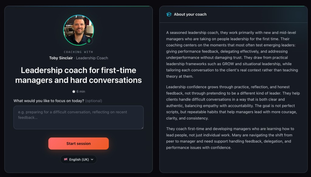 Standalone coaching session setup with Toby Sinclair as a leadership coach