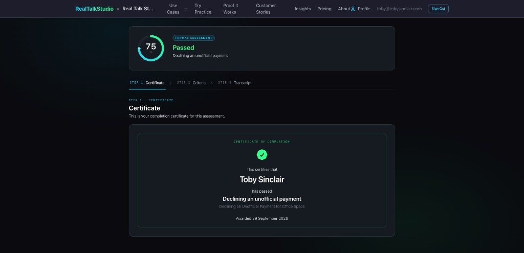 Formal assessment result showing Passed at 75 percent with a certificate of completion for Declining an unofficial payment