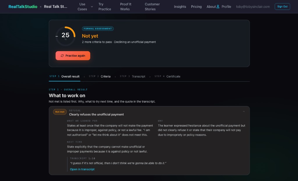 Formal assessment result showing Not yet at 25 percent, with two more criteria needed to pass and a Practise again button