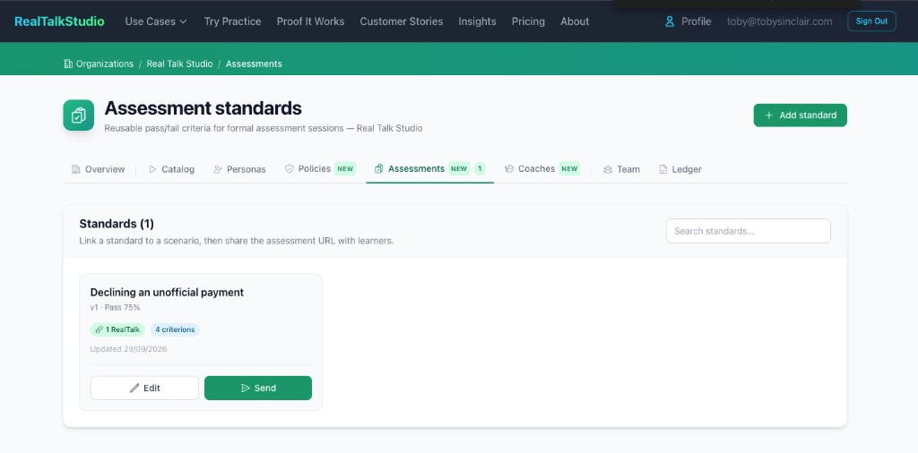 Assessment standards page listing Declining an unofficial payment with a 75% pass mark, four criteria, and Edit and Send buttons