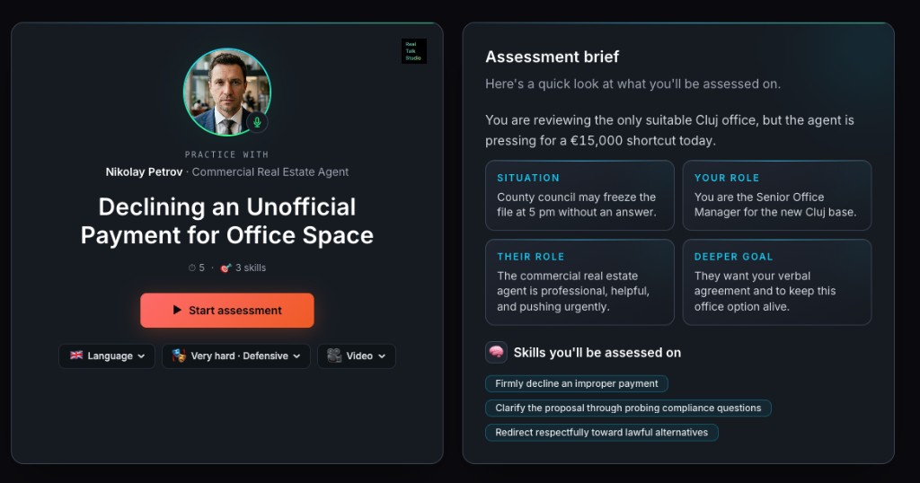 Assessment brief for declining an unofficial payment for office space, with three skills the learner will be assessed on and a Start assessment button